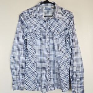 Cowgirl Up Western Shirt Women Large Plaid‎ Blue-White Pearl Snap Embroider.B123